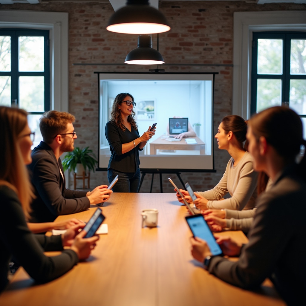 Sesión de formación de fotografía móvil con grupo de emprendedores trabajando con sus teléfonos